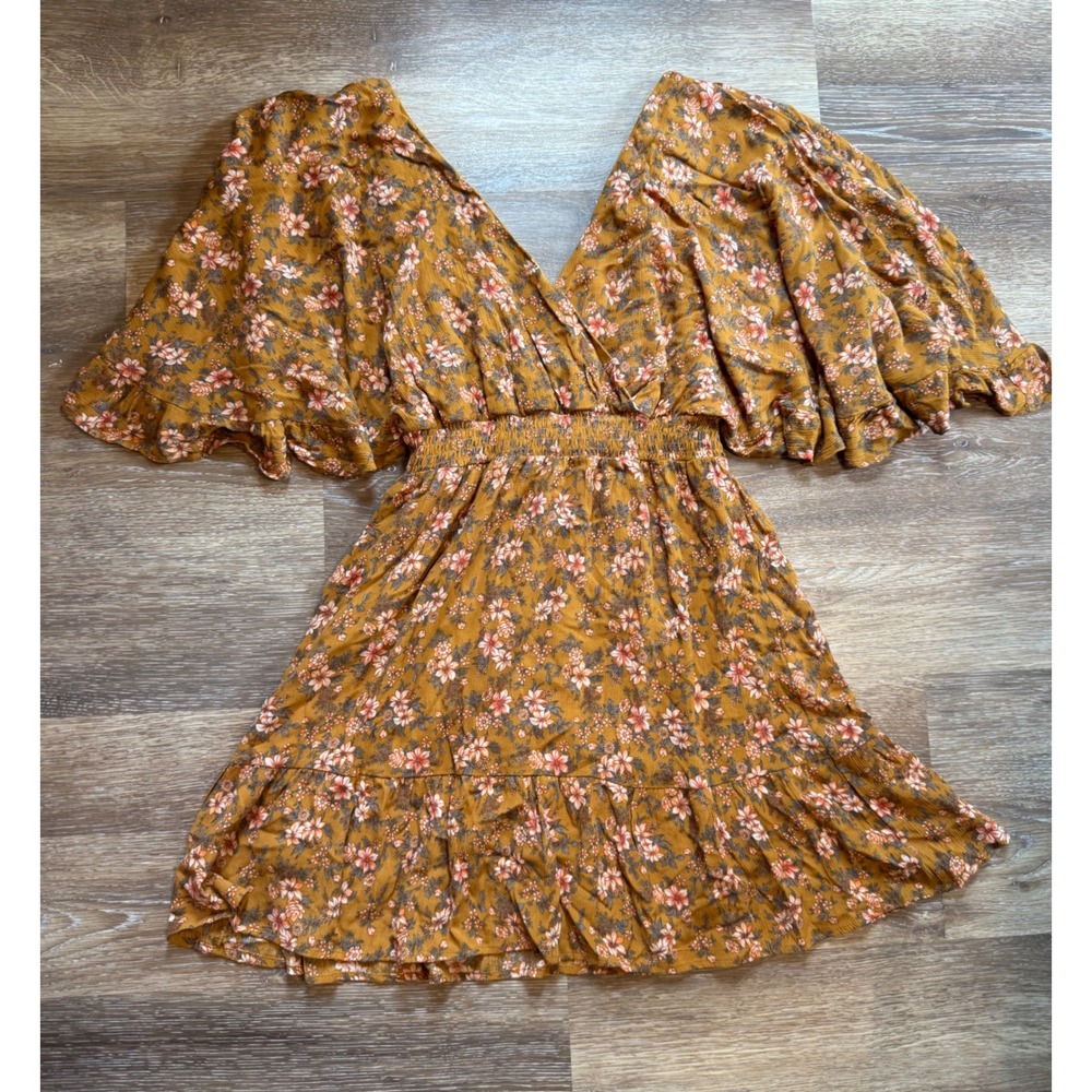 Dress Up Mustard Yellow Floral Flutter Sleeve Smocked Mini Dress M
